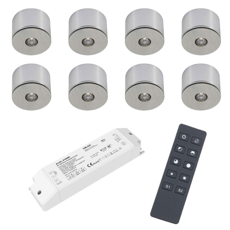 Set of 8 3W LED Mini Spot surface mounted luminaire warm white dimmable with radio power supply unit and remote control