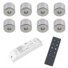 Set of 8 3W LED Mini Spot surface mounted luminaire warm white dimmable with radio power supply unit and remote control