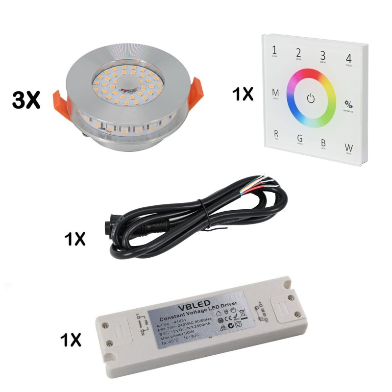Set of 3 RGB+WW LED recessed luminaires 12VDC 6W incl. wall control and power supply unit