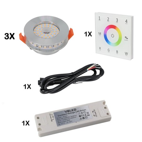 Set of 3 RGB+WW LED recessed luminaires 12VDC 6W incl. wall control and power supply unit