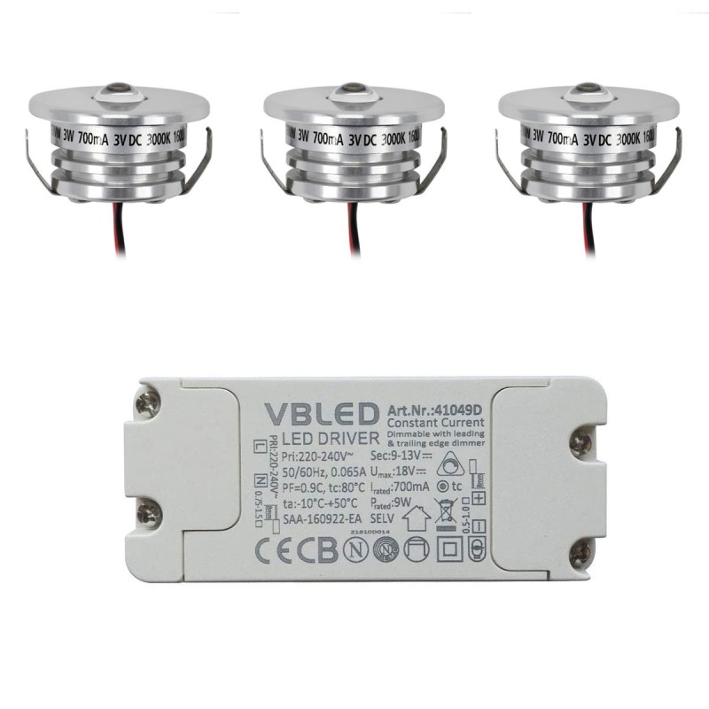 Set of 3 "Pialux" mini recessed spotlights 3W 700mA 190lm warm white with dimmable power supply unit Set of 3 "Pialux" mini recessed spotlights 3W 700mA 190lm warm white with dimmable power supply unit