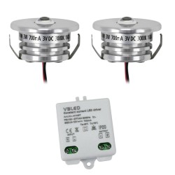 Set of 2 "Pialux" mini recessed spotlights 3W 700mA 190lm warm white with dimmable power supply unit