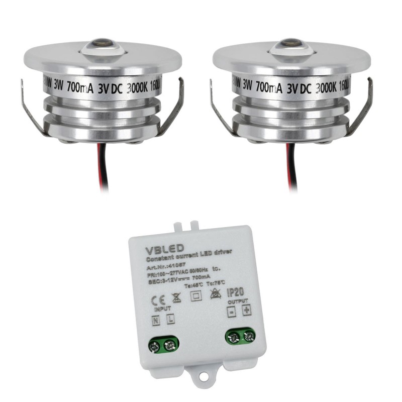 Set of 2 "Pialux" mini recessed spotlights 3W 700mA 190lm warm white with dimmable power supply unit