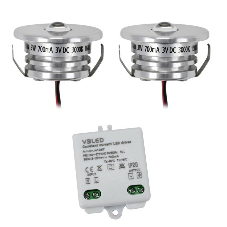 Set of 2 "Pialux" mini recessed spotlights 3W 700mA 190lm warm white with dimmable power supply unit
