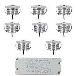 Set of 8 mini recessed spotlights 3W 700mA 160lm warm white with dimmable power supply unit