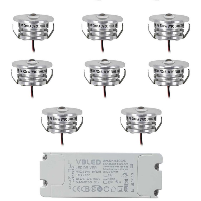 Set of 8 mini recessed spotlights 3W 700mA 160lm warm white with dimmable power supply unit