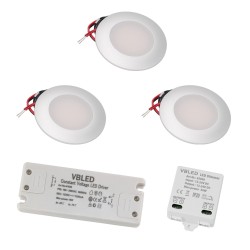 Set of 3 LED recessed spotlights with 3 levels LED dimmer 12VDC 3W 3000K warm white aluminium recessed furniture luminaire