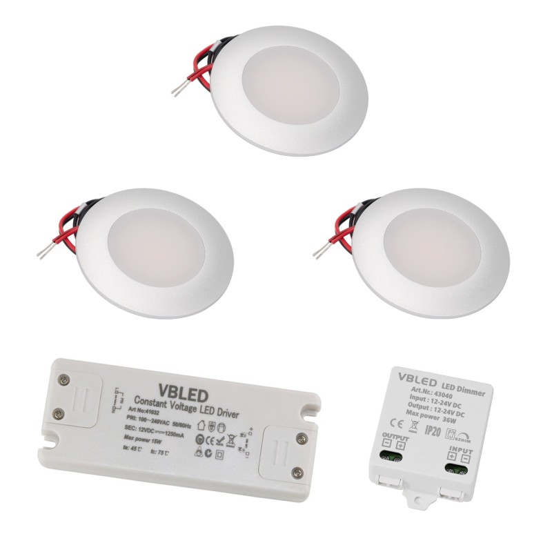Set of 3 LED recessed spotlights with 3 levels LED dimmer 12VDC 3W 3000K warm white aluminium recessed furniture luminaire