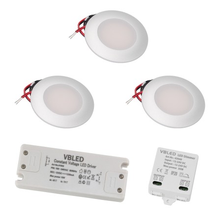 Set of 3 LED recessed spotlights with 3 levels LED dimmer 12VDC 3W 3000K warm white aluminium recessed furniture luminaire
