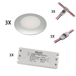 Set of 3 LED recessed spotlights 12VDC 3W 3000K warm white aluminium Recessed furniture luminaire