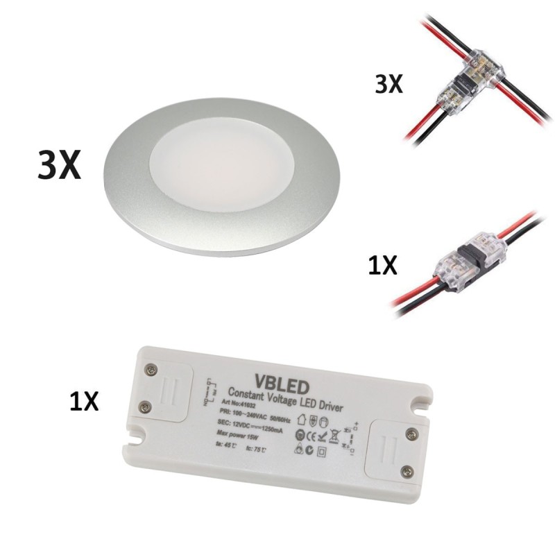 Set of 3 LED recessed spotlights 12VDC 3W 3000K warm white aluminium Recessed furniture luminaire