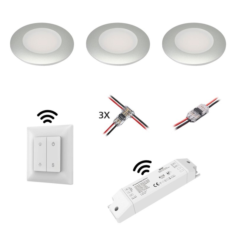 Set of 3 wireless LED recessed spotlights 12VDC 3W 3000K warm white aluminium recessed furniture luminaire