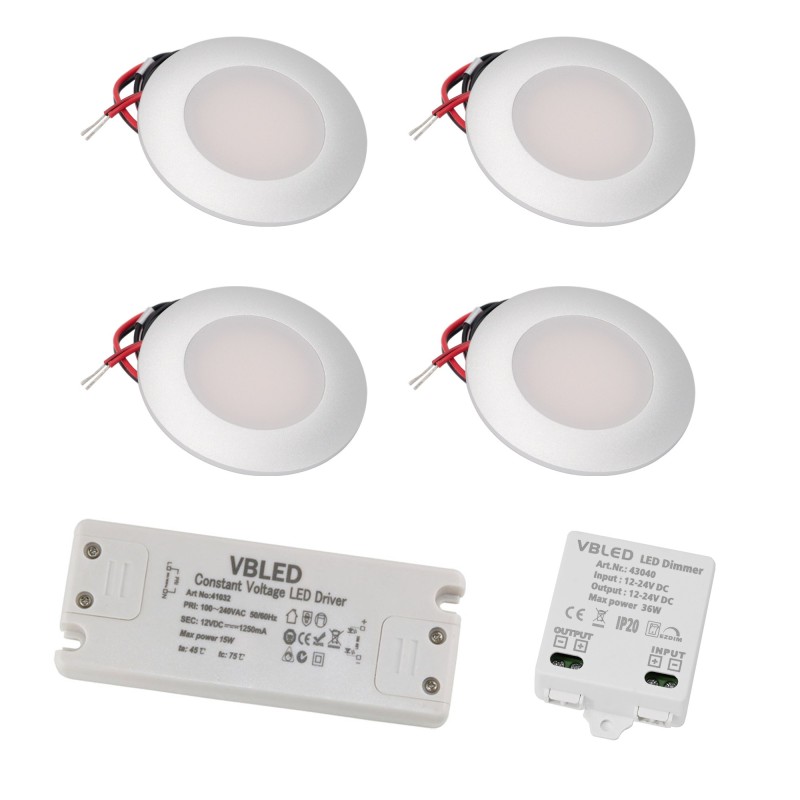 Set of 4 LED recessed spotlights with 3 level LED dimmer 12VDC 3W 3000K warm white aluminium recessed furniture luminaire