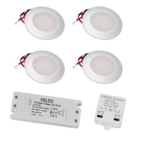 Set of 4 LED recessed spotlights with 3 level LED dimmer 12VDC 3W 3000K warm white aluminium recessed furniture luminaire