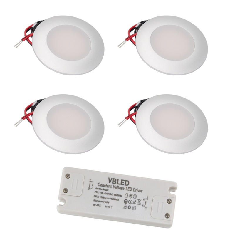 Set of 4 LED recessed spotlights 12VDC 3W 3000K warm white aluminium Recessed furniture luminaire