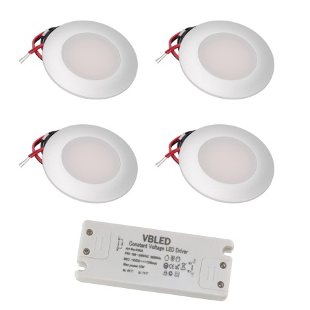 Set of 4 LED recessed spotlights 12VDC 3W 3000K warm white aluminium Recessed furniture luminaire