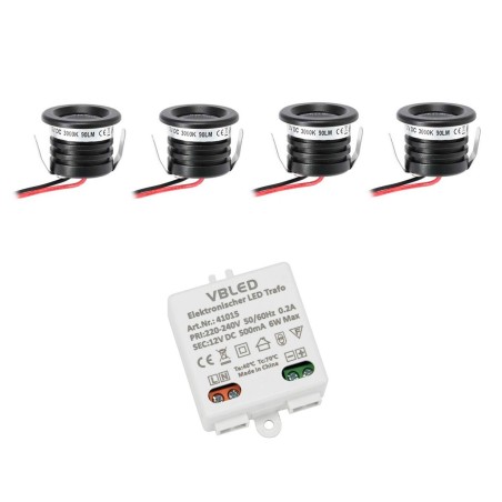 4 KIT "VISUM" Mini Spot encastré 1W IP65 Blanc Chaud Incluant Transformateur LED 6W