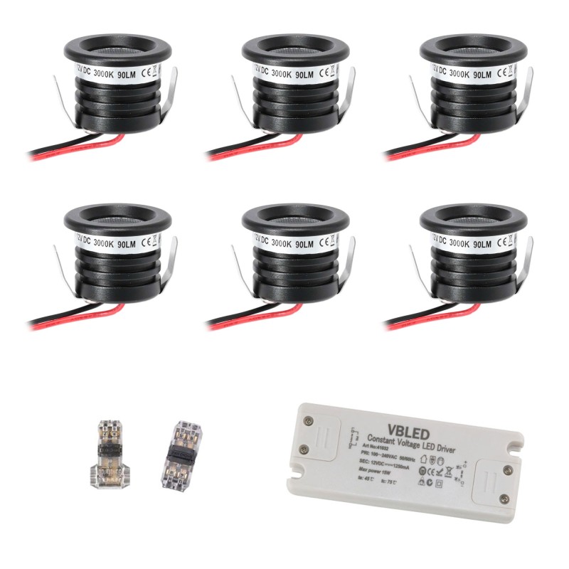 6 KIT "VISUM" 1W Recessed Mini Spot IP65 Warm White Incl. 12V LED Transformer