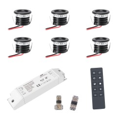 6 KIT "VISUM" 1W LED aluminium mini recessed spotlight warm white with RF radio power supply 12VDC
