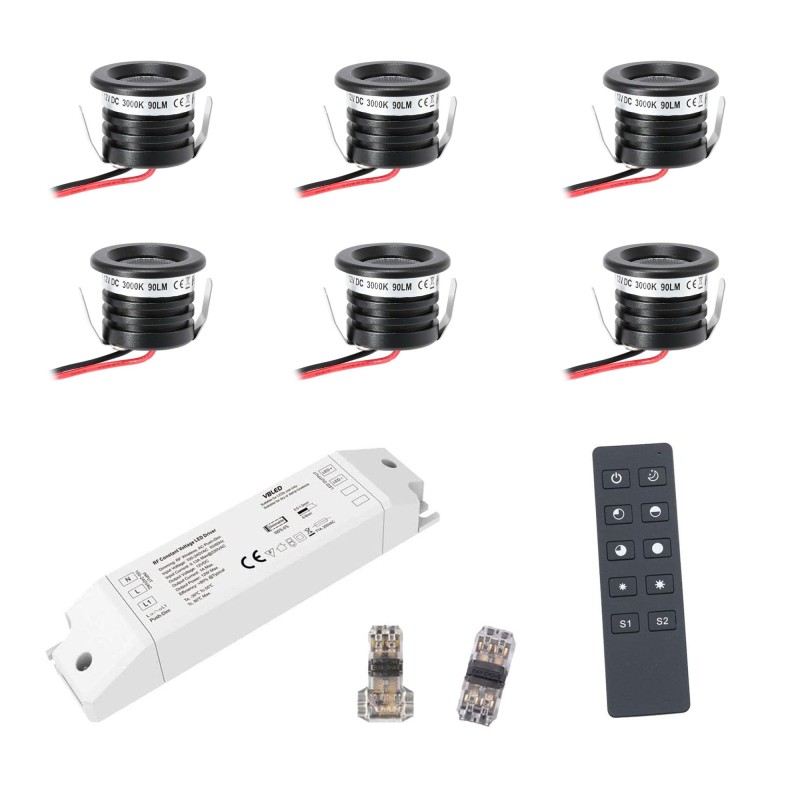 6 KIT "VISUM" 1W LED aluminium mini recessed spotlight warm white with RF radio power supply 12VDC