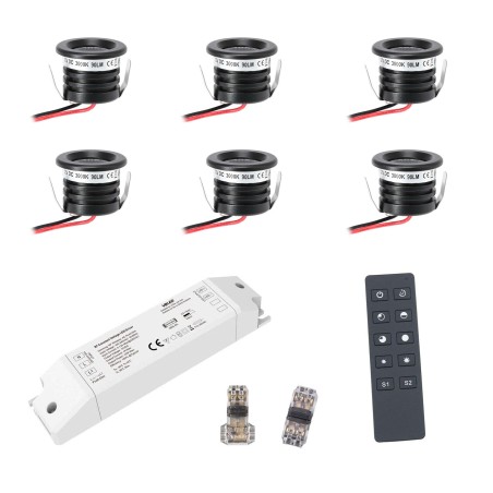 6 KIT "VISUM" 1W LED aluminium mini recessed spotlight warm white with RF radio power supply 12VDC