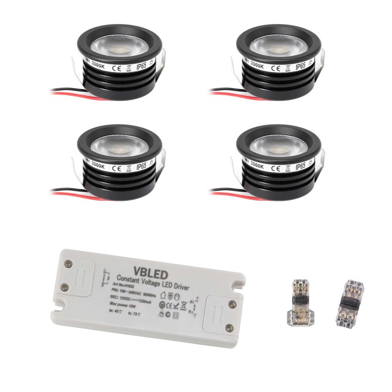 4 KIT "FORTIS" 3W LED aluminium mini recessed spotlight warm white with power supply 12VDC