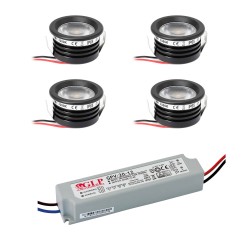 4-piece KIT "FORTIS" 3W LED aluminium mini recessed spotlight warm white with IP67 power supply 12VDC
