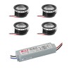 4-piece KIT "FORTIS" 3W LED aluminium mini recessed spotlight warm white with IP67 power supply 12VDC