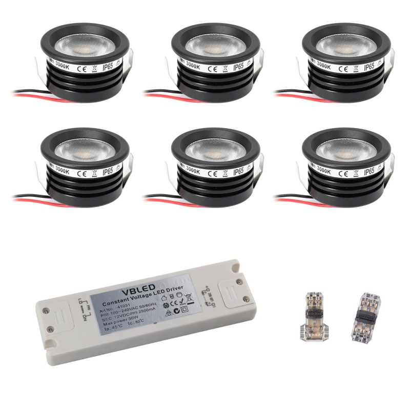 6 KIT "FORTIS" 3W LED aluminium mini recessed spotlight warm white with power supply 12VDC
