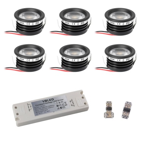 6 KIT "FORTIS" 3W LED aluminium mini recessed spotlight warm white with power supply 12VDC