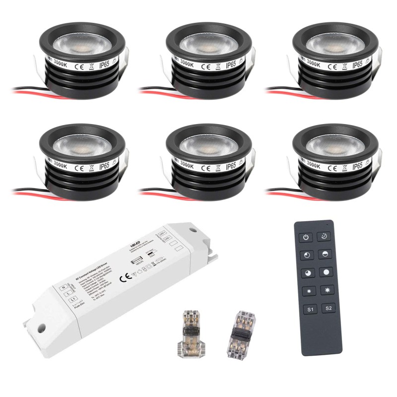 6 KIT "FORTIS" 3W LED aluminium mini recessed spotlight warm white with RF radio power supply 12VDC