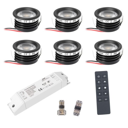6 KIT "FORTIS" 3W LED aluminium mini recessed spotlight warm white with RF radio power supply 12VDC