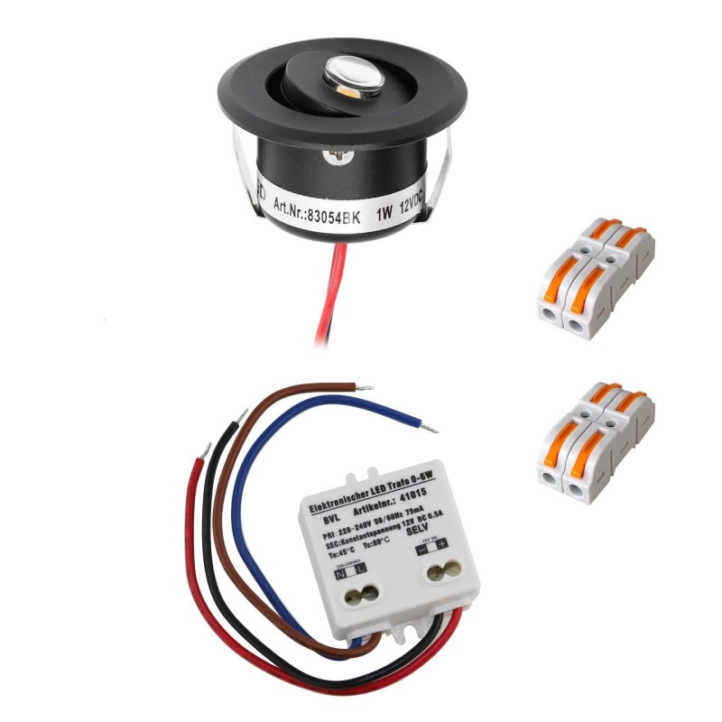 Set of 1W LED Mini Recessed Spotlights - "FOCOS" Minispot - 12V DC - IP44 - 3000K - Swivel - Black