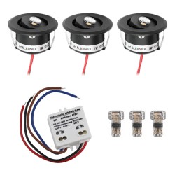 Set of 3 1W LED Mini Recessed Spotlights - "FOCOS" Minispot - 12V DC - IP44 - 3000K - Swivel - Black