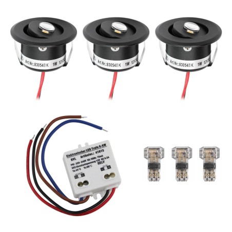 Set of 3 1W LED Mini Recessed Spotlights - "FOCOS" Minispot - 12V DC - IP44 - 3000K - Swivel - Black