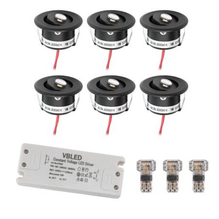 Set of 6 1W LED Mini Recessed Spotlights - "FOCOS" Minispot - 12V DC - IP44 - 3000K - Swivel - Black