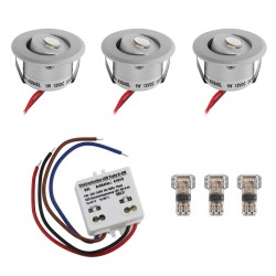 Set of 3 1W LED Mini Recessed Spotlights - "FOCOS" Minispot - 12V DC - IP44 - 3000K - Swivel - Silver