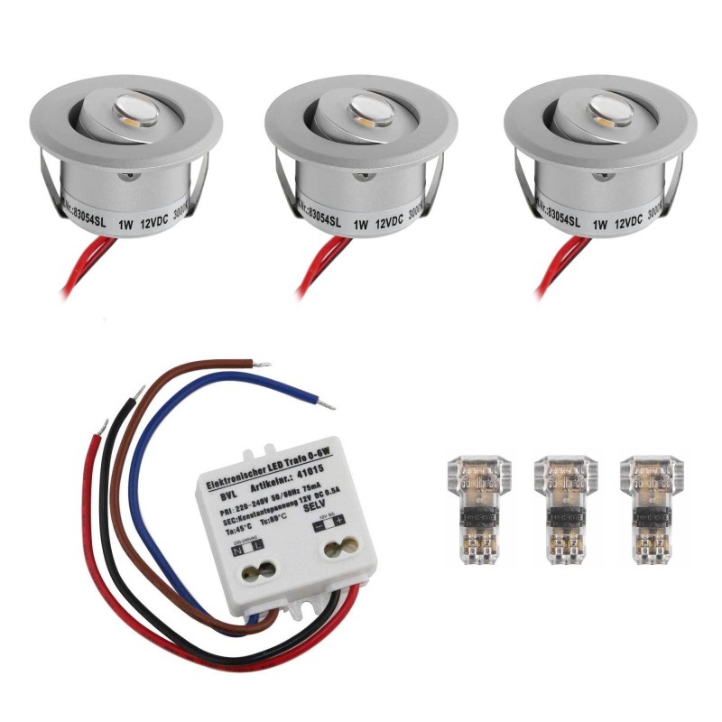 Set of 3 1W LED Mini Recessed Spotlights - "FOCOS" Minispot - 12V DC - IP44 - 3000K - Swivel - Silver