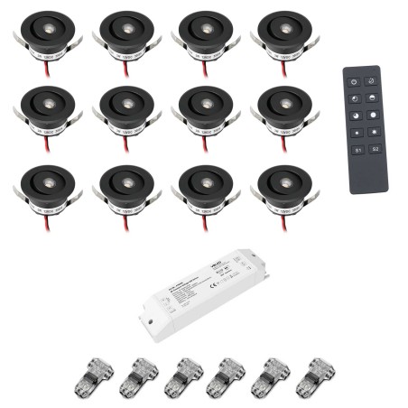 Set of 12 3W LED Mini Recessed Spotlights - "OCULOS" Minispot 3000K with Radio Power Supply and Remote Control Black