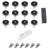 Set of 12 3W LED Mini Recessed Spotlights - "OCULOS" Minispot 3000K with Radio Power Supply and Remote Control Black