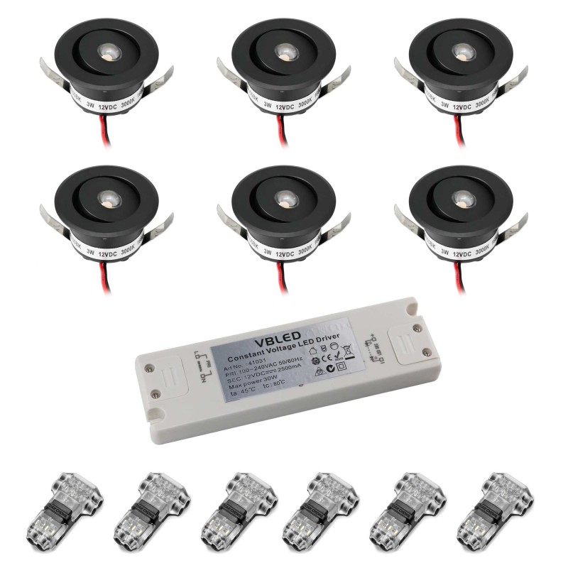 Set of 6 3W LED Mini Recessed Spotlights - "OCULOS" Minispot 3000K with Power Supply Black