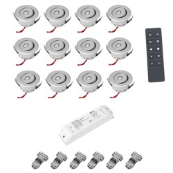 Set of 12 3W LED Mini Recessed Spotlights - "OCULOS" Minispot 3000K with Radio Power Supply and Remote Control Silver