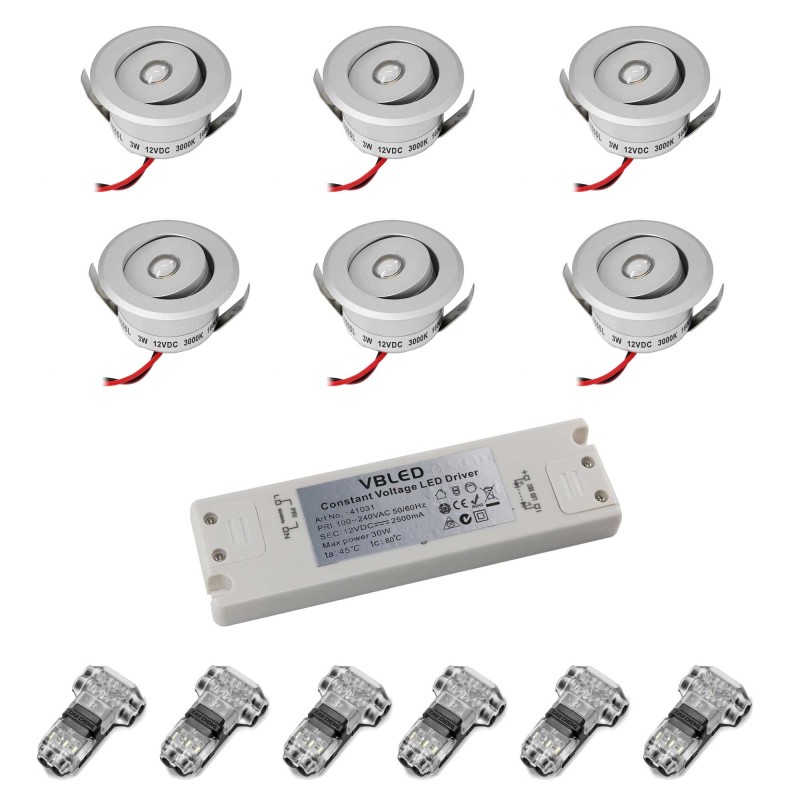 Set of 6 3W LED Mini Recessed Spotlights - "OCULOS" Minispot 3000K with Power Supply Silver