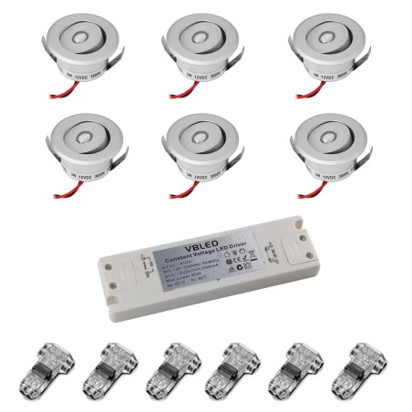 Set of 6 3W LED Mini Recessed Spotlights - "OCULOS" Minispot 3000K with Power Supply Silver