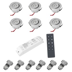 Set of 6 3W LED Mini Recessed Spotlights - "OCULOS" Minispot 3000K with Radio Power Supply and Remote Control Silver