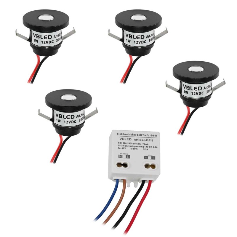 Set of 4 LED Aluminium Mini Recessed Spotlights 3000K with 6W LED Transformer - Black
