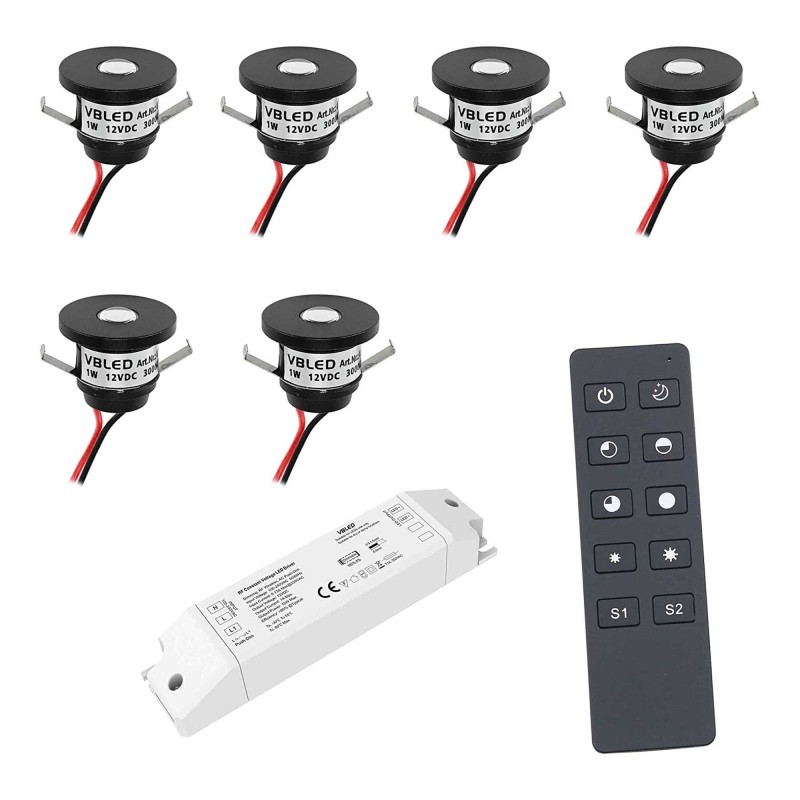 6er-Funk SET -1W VBLED LED Mini recessed spotlight "ALDYNE" black - 12VDC - IP44-3000K 60Lumen