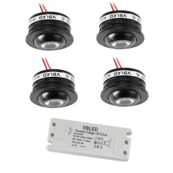 Set of 4 Fisheye 3W LED Spotlight 3000K 12VDC Swivel black with LED transformer