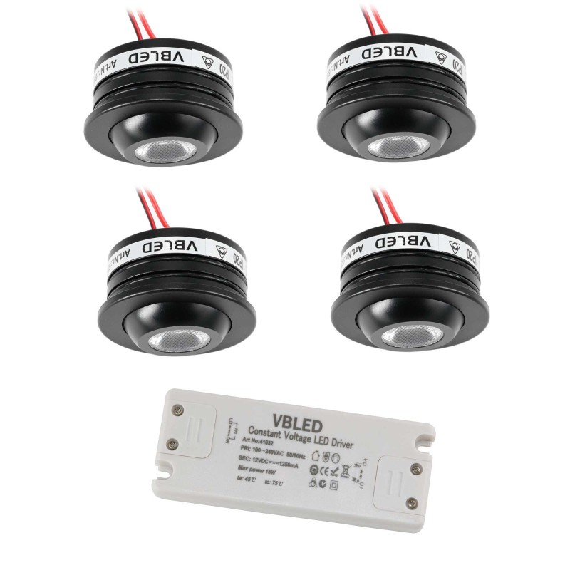 Set of 4 Fisheye 3W LED Spotlight 3000K 12VDC Swivel black with LED transformer