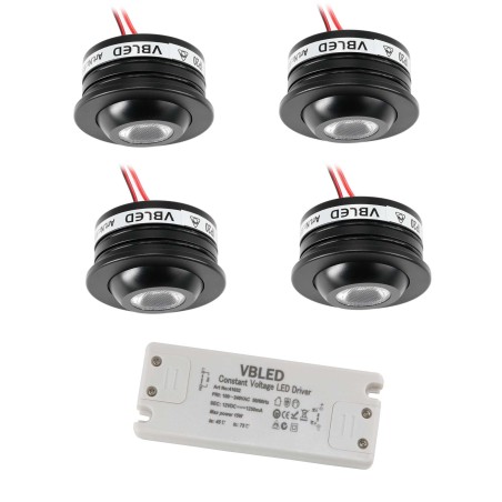 Set of 4 Fisheye 3W LED Spotlight 3000K 12VDC Swivel black with LED transformer